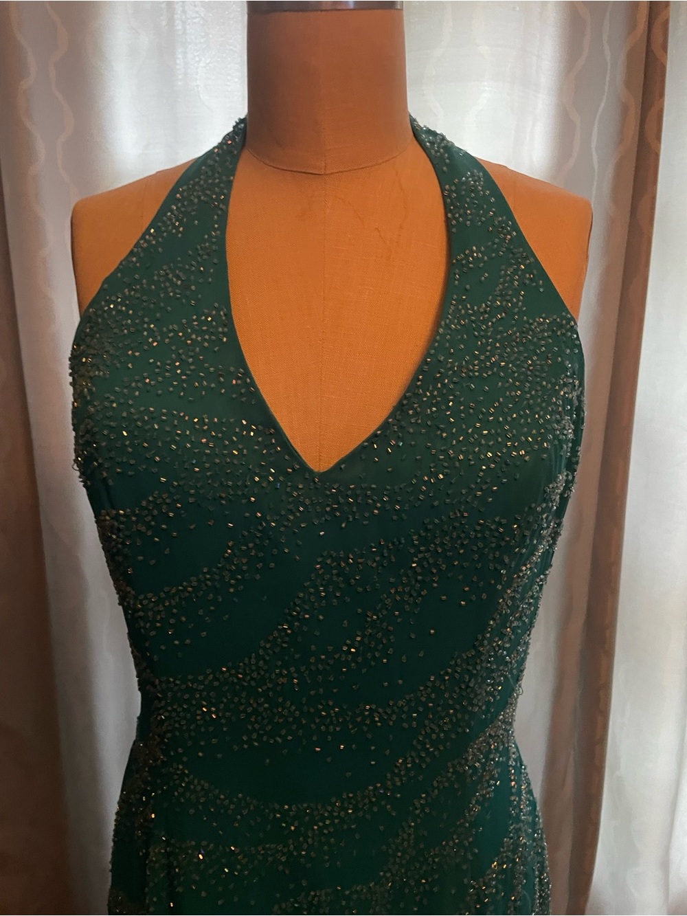 Exclusively Fancy Emerald Halter Prom Gown with Bead Embellishment
